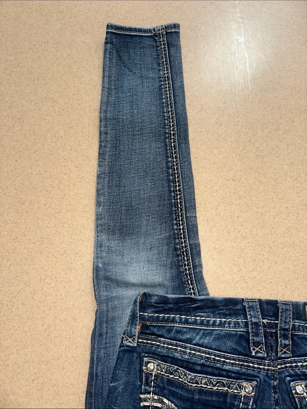 Rock Revival Distressed Medium Blue Embroidered Pocket Cuffed- Skinny Jeans - Picture 6 of 11